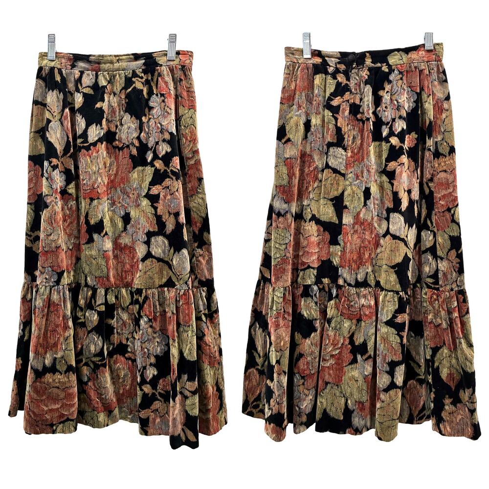 70s Strawberry Plant Velvet Floral Skirt Dorothy Schoelen Midi Ruffle Hem XS - Picture 3 of 8